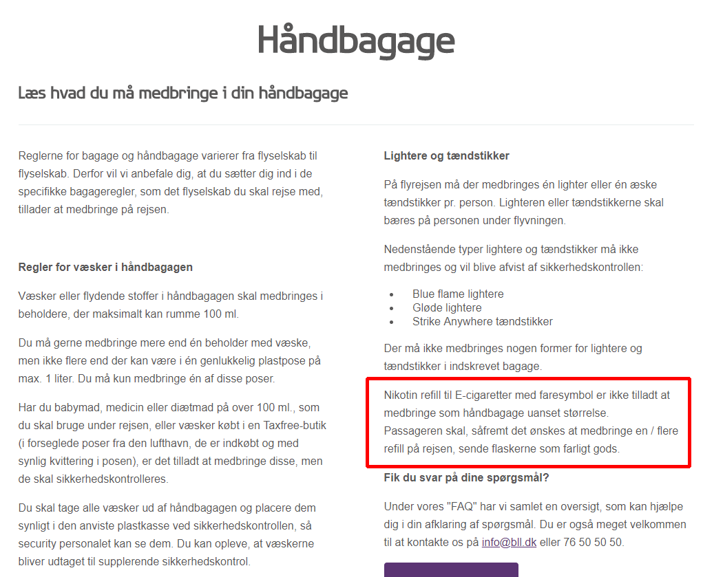Uddrag fra Billund Lufthavns hjemmeside - hvor de forklarer at e-væsker/flasker, med advarsler ikke er tilladt at medbringe.