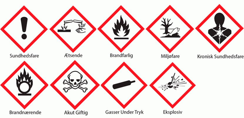 Eksempler på generelle faresymboler. Det er specielt symbolet for "Akut Giftig", som kan medføre konfiskering og destruktion af e-væsker i lufthavnenes Security.